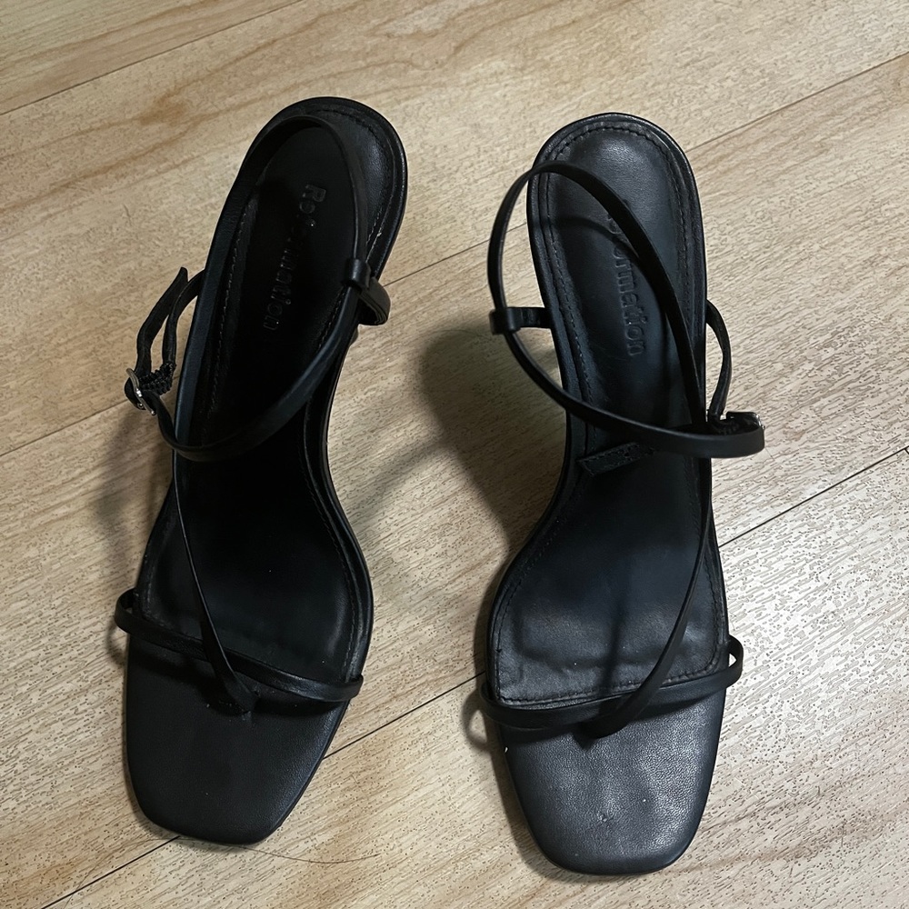 Reformation black strapped heels